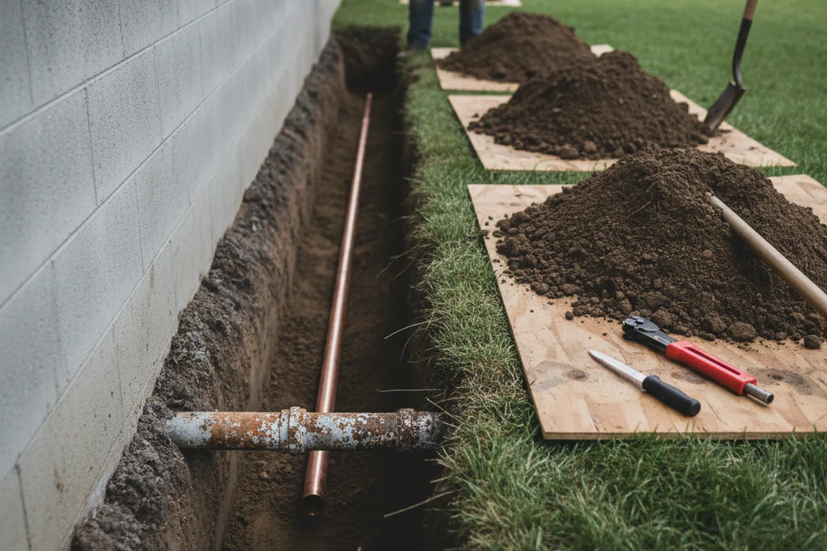 Excavated water line trench during Water Softener Installation in Shelby Gap